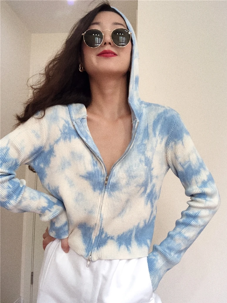 

European and American INS wind rendering gradient hooded compact sweater zipper long sleeve fashion sweater coat