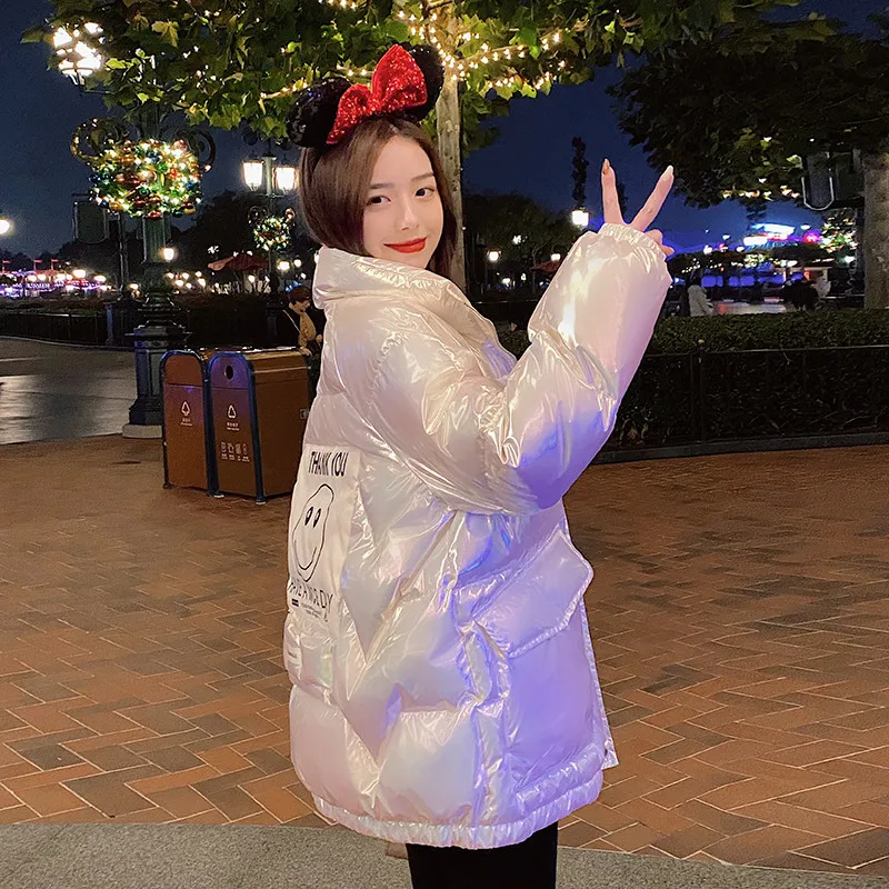 

Glossy Short Cotton Coat Women Winter New Zipper Temperament Thickened Bread Coat Loose Fashion Sweet Down Cotton-padded Jacket