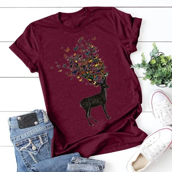 

Summer Fashion Women T-shirt Deer Butterfly Printed Tee Plus Size O-neck Short Sleeve Female Tops T Shirt
