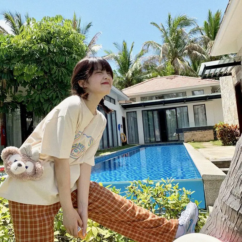 

2021 Summer New Bear Short Sleeve T-shirt Female Student Korean Loose Preppy Style Graphic T Shirts Kawaii Women Clothes Vintage