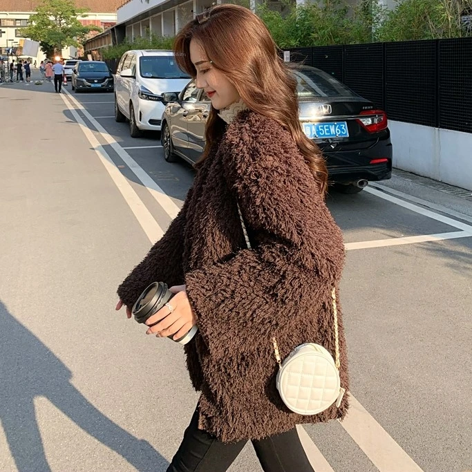 

New short Korean version of loose flavor autumn winter versatile thickened lamb Plush coat women's ins trend in