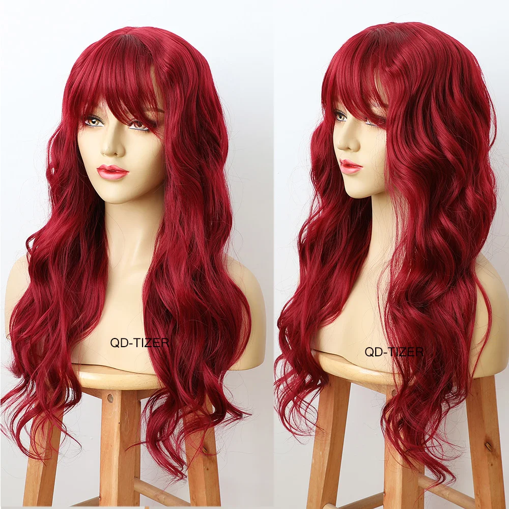 QD-Tizer Long Wavy Red Hair Synthetic Hair Wig High Temperature Fiber Hair Wigs for Women