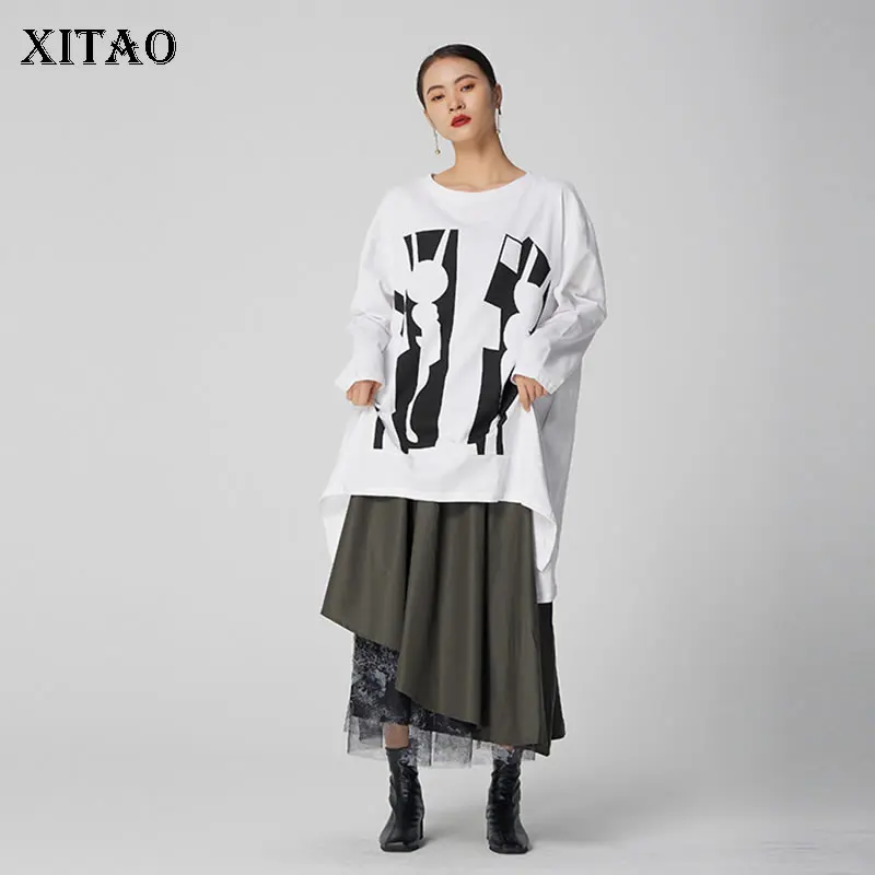 

XITAO/футболка с принтом; Модная новинка; Женский пуловер с длинными рукавами; Коллекция 2021 года; Сезон осень-зима; Асимметричная плиссированн...