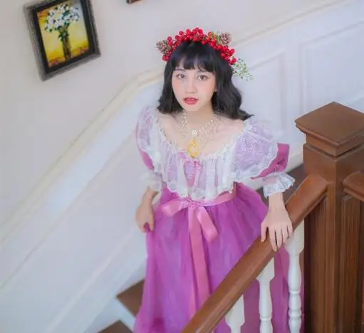 

Cottagecore Dress Purple Organza Lace Ruffled Shoulder Victorian Long Literary Retro Fairy Dress