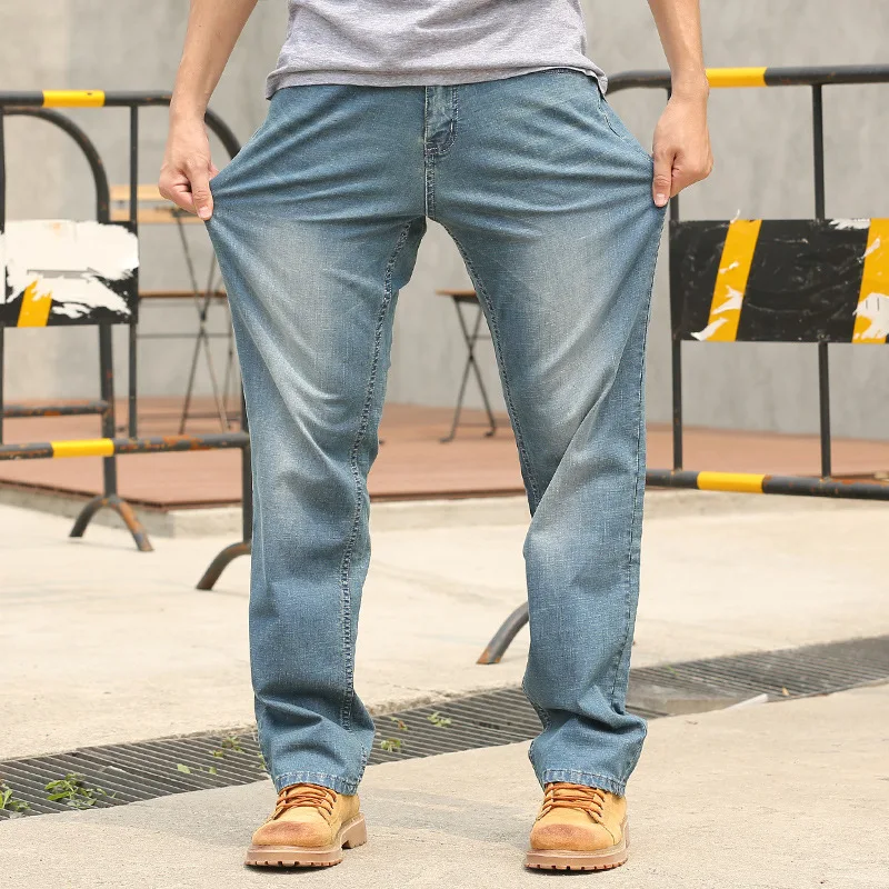 Summer Thin Section Baggy Brand Men Jeans Straight Large Size Elastic  Comfortable Denim Pants Hip Hop Streetwear Blue Trousers