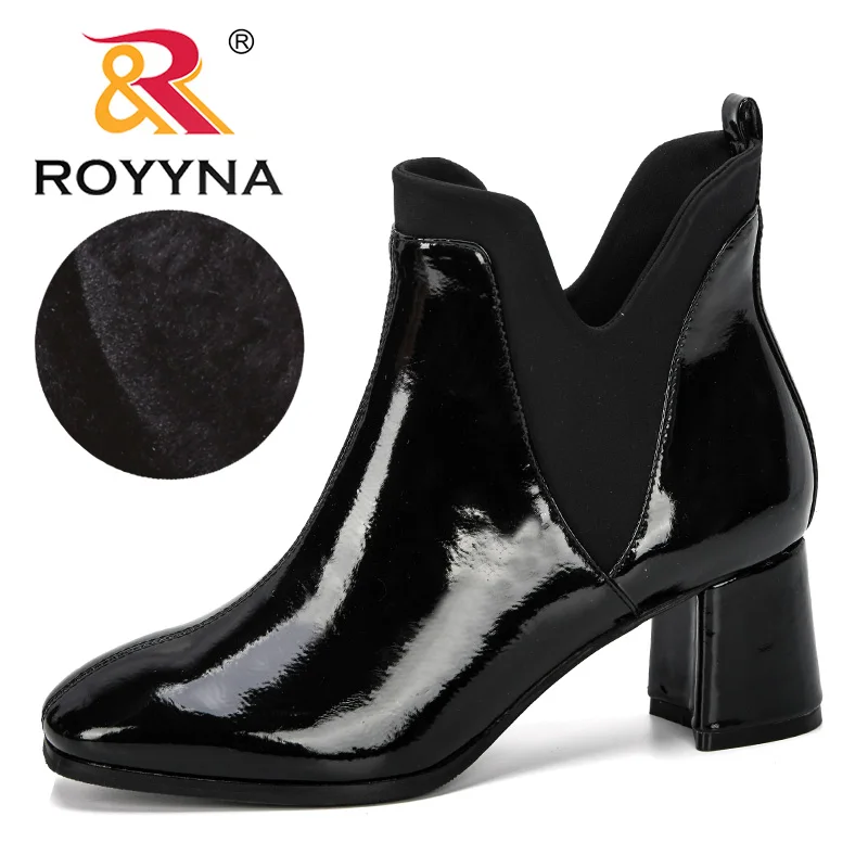 ROYYNA/Новинка года; дизайнерская зимняя обувь из блестящей микрофибры; женские ботильоны на высоком каблуке с острым носком; женские ботинки; zapatos mujer; модная обувь