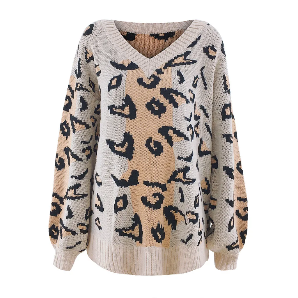 

Women's Sweaters Ladies Fashion Autumn Winter Casual Knitwear V-neck Long Sleeved Loose Leopard Sweater Pullover Sweater #F40