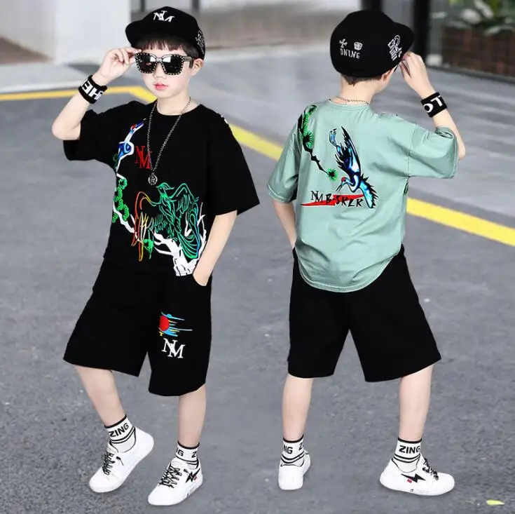 Boys Casual Clothes Kid Boy Clothing Set Summer Children Short sleeve Letters T-shirt + Pants 3 4 5 6 7 8 9 10 11 12 13 15 Years | Детская