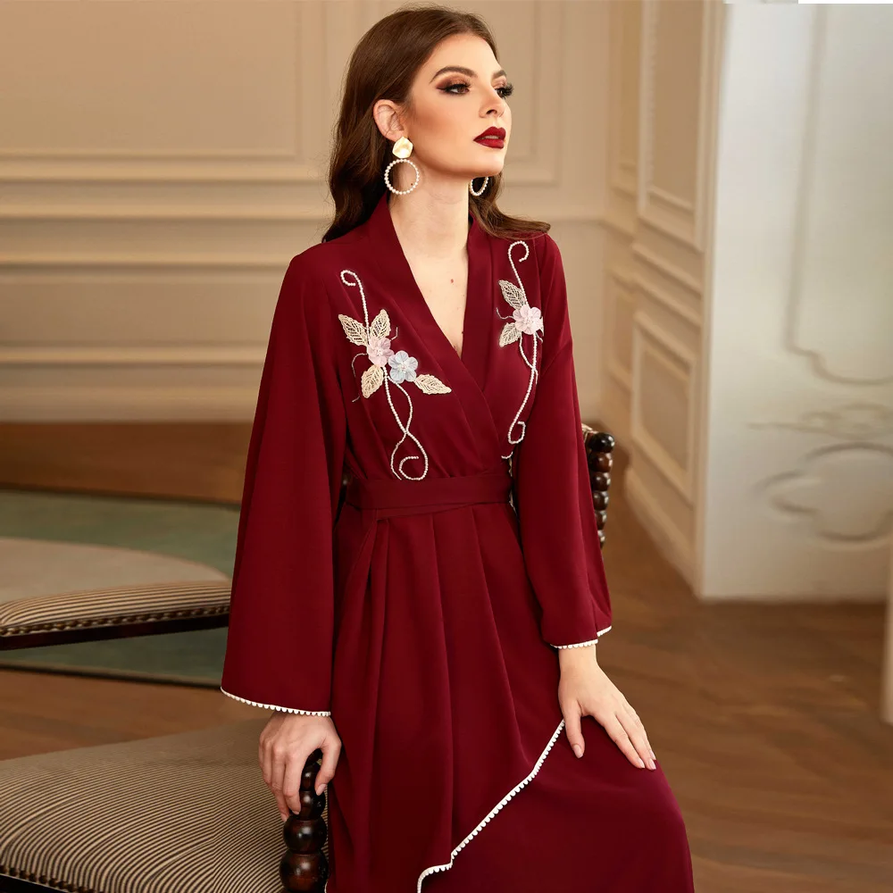

Abaya Women's Dress Muslim High Quality Elegant Dubai Design Wine Red Pearl Diamond Decoration Long Sleeve Long Skirts 2021