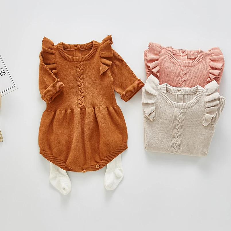 

Ruffles lace romper newborn baby bodysuit for girls costumes cotton knitted long sleeve infant jumpsuit toddler baby oensie 0-2y