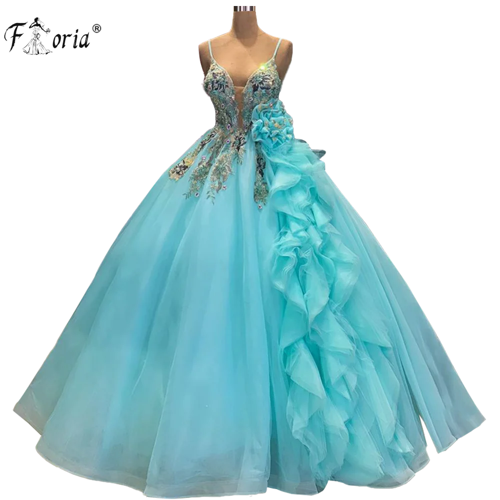 

Sexy Blue Spaghetti Strap Quinceanera Dresses 2021 Appliques Sequins Sleeveless Princess Party Sweet Backless Pageant Gowns