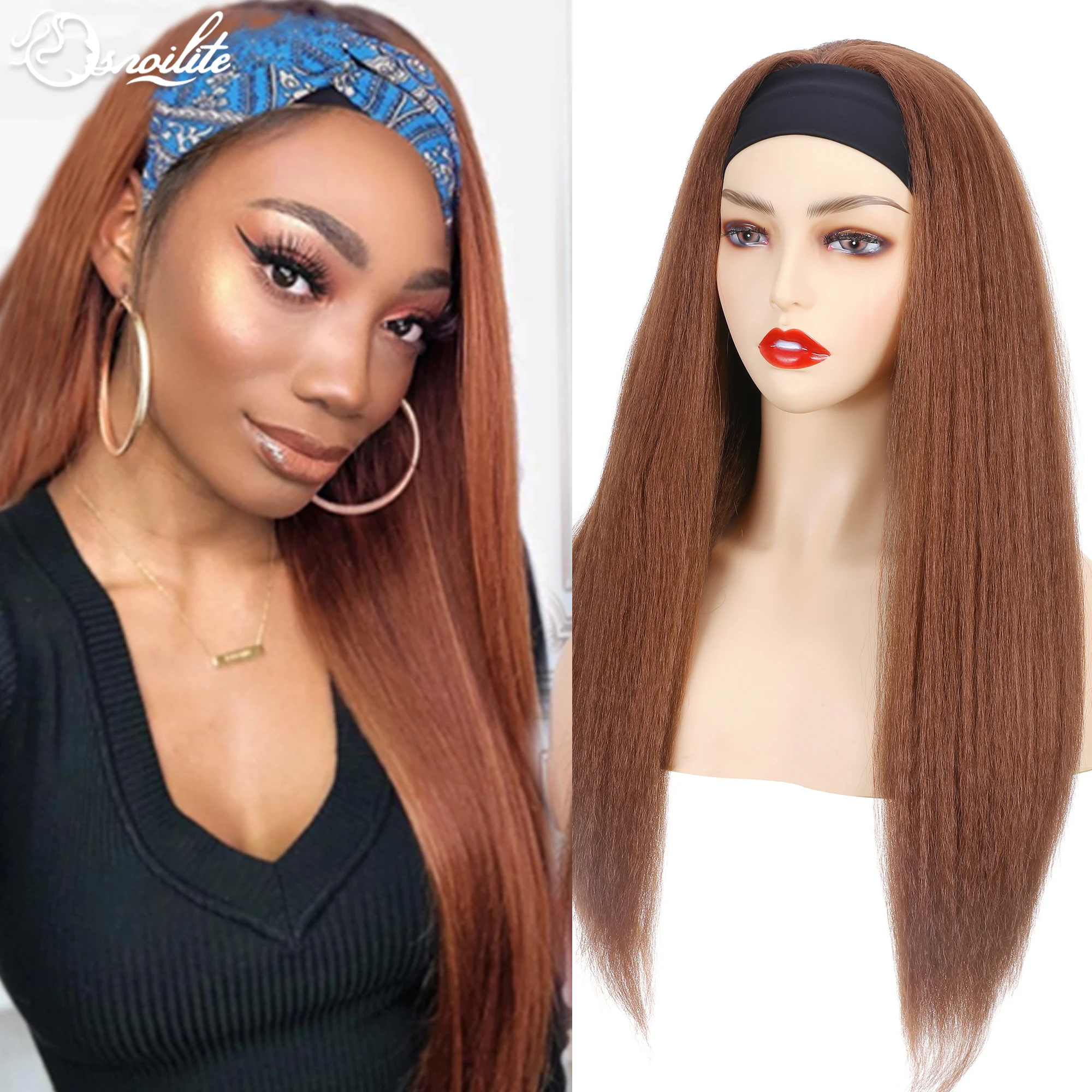 

S-noilite Yaki Headband Wig for Black Women Synthetic 24inch Long Hair Wig Scarf No Glue No Sew In 2021 New Fashion