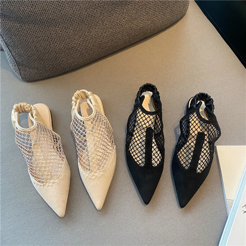 Женские босоножки с ремешком на пятке сетчатые сандалии без застежки плоская подошва заостренный носок