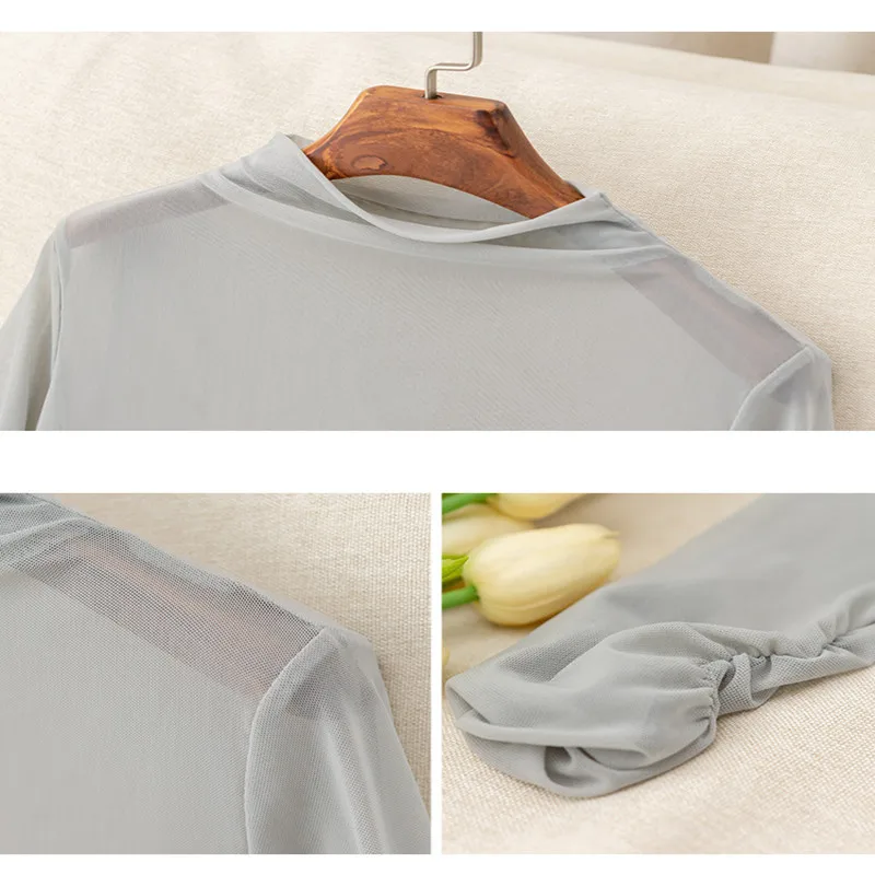 

2020 New Summer Women's Slim Half-high Collar Perspective Sexy Mesh European and American Women's Simple All-match Knitted Top