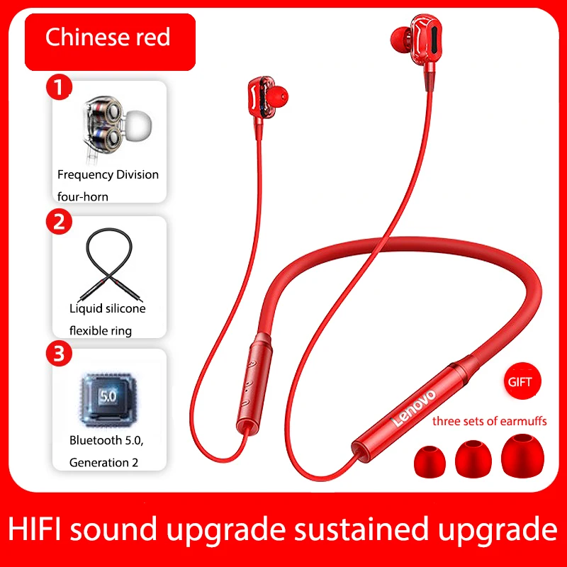

Lenovo Earphone 4-speaker Bluetooth5.0 Wireless Headset Neckband Earphones IPX5 Waterproof Sport Earbud with Noise Cancelling