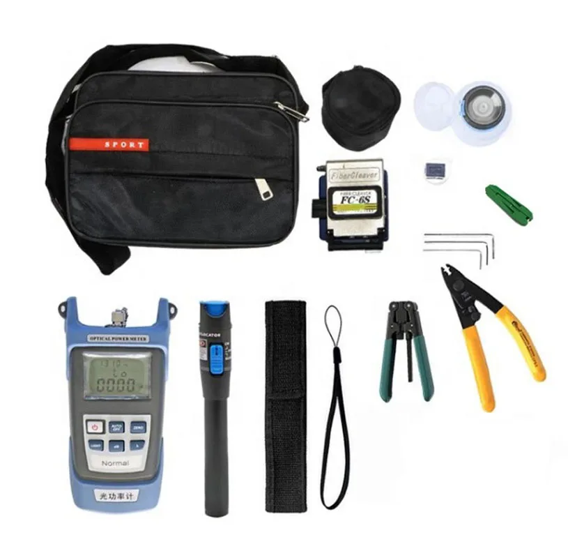 13PCS Fiber Optic FTTH Tool Kit with FC-6S Fiber Cleaver and Optical Power Meter 5MW Visual Fault Locator Wire stripper CFS-2
