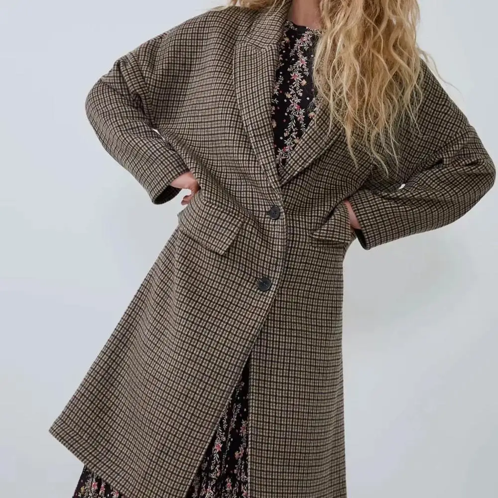 

ZA autumn winter wool tweed coat women long style vintage plaid casual women's windbreaker Outerwear woolen trench parka female