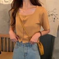 sweet fashion square collar short sleeved t shirt women solid color french style tee shirt summer female casual tops