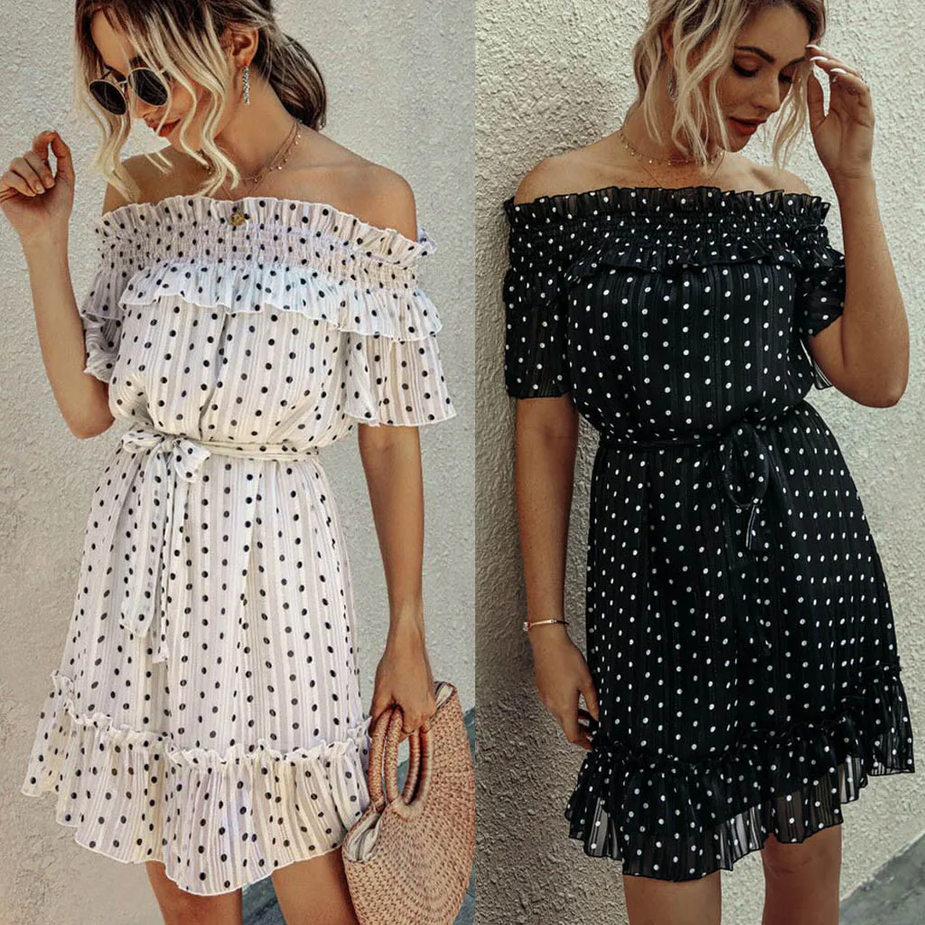 Женское шифоновое платье в горошек на шнуровке с оборками открытыми плечами и