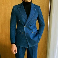 denim blue men suits fit slim formal party prom costume homme custom made double breasted high quality blazer pant