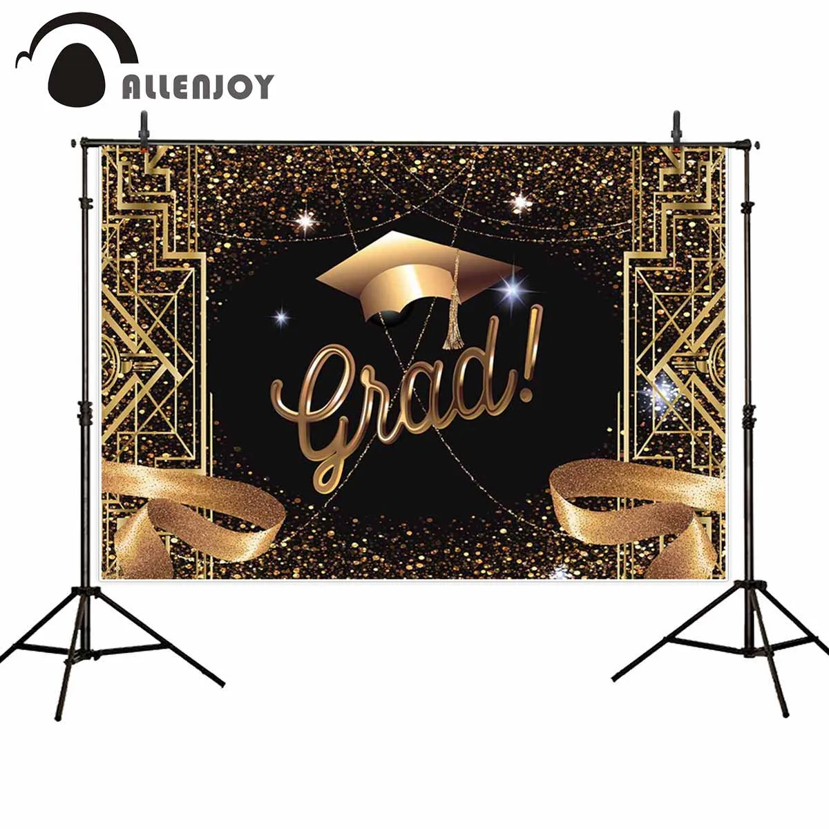 

Allenjoy Great Gatsby Wall Decor Golden Foil Black Pattern Ribbon Bachelor Cap Sequin Graduation Backdrops School Party Photo
