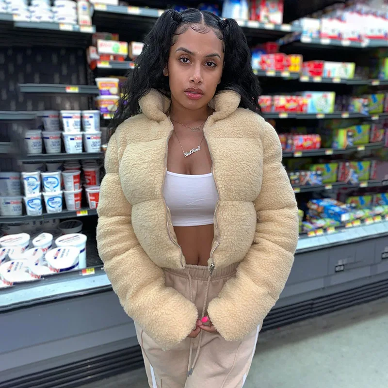 Zoulv Autumn/Winter Polar Fleece Women Cotton Jacket Long Sleeve Short Teddy Fleece Warm Collar Zipper Cotton-padded Jacket Coat