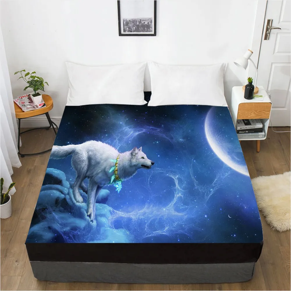 Sábana de cama personalizada con impresión Digital 3D HD, Sábana bajera elástica, Funda de colchón de tamaño doble de cama, King,Animal, moon, Wolf, 150x200cm