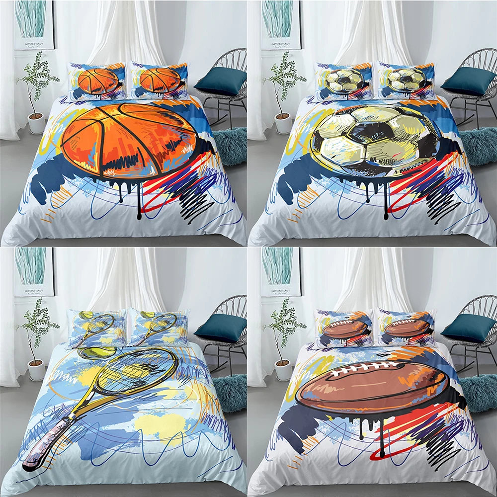 

Basketball Football Badminton Bedding Sets Watercolor Baseball Sport Duvet Cover Pillowcase Bed Sheet Boy Kid Quilt Covers Home