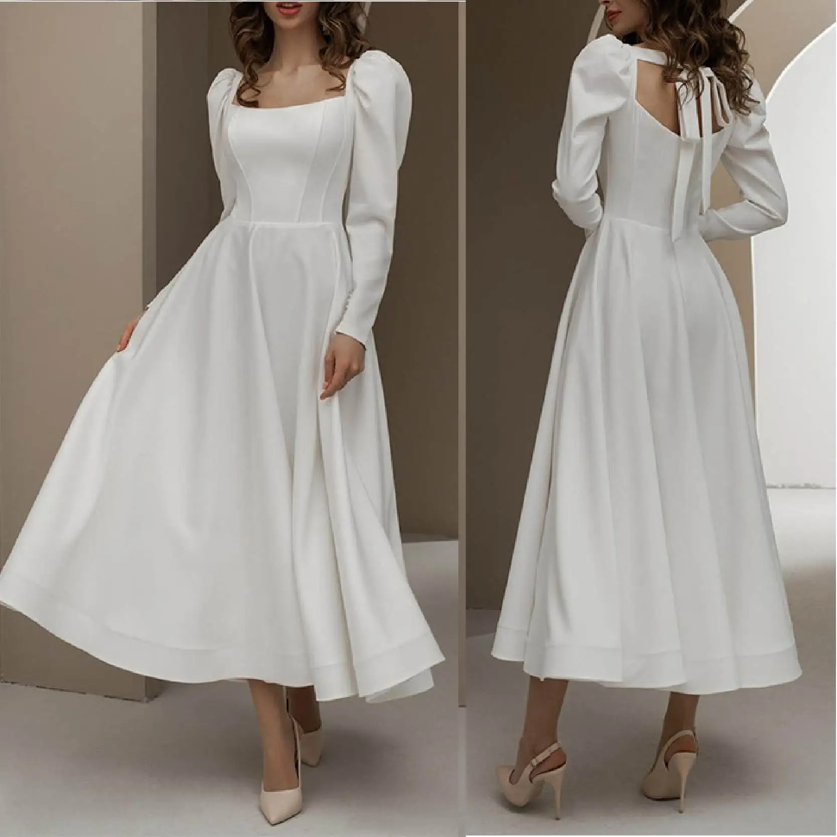 

Prom Party Dress Temperament Commuter White Mid-Waist Long-Sleeved Sexy Waist Halter New Unique Design Ball Gown Vestidos