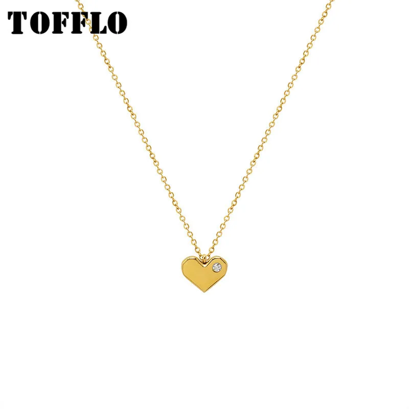 

TOFFLO Stainless Steel Jewelry Peach Heart Love Zircon Necklace Feminine Clavicle Chain BSP944
