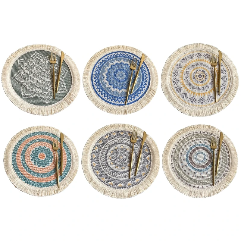 

Round Cotton Woven Placemats Bohemian Tassels Table Mat Insulation Pad Place Mat