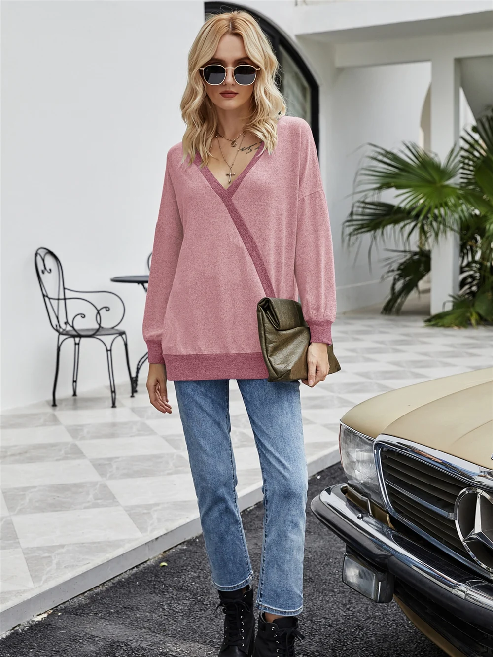 

V-neck Loose Top Woman Long Sleeve T Shirt Oversize Tee Shirt Casual Female Soft Tops Tee Spring Autumn harajuku tops women Pop