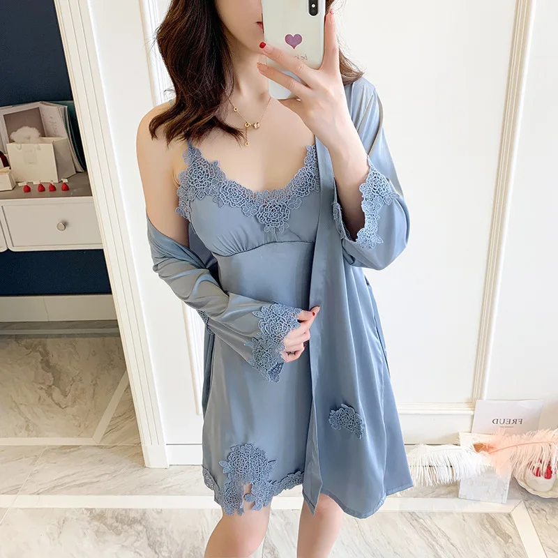 

Women 2PCS Robe Burgundy Home Clothing Sleepwear Satin Kimono Bath Gown Sexy Lace Nightgown Belt Intimate Lingerie Night Dress