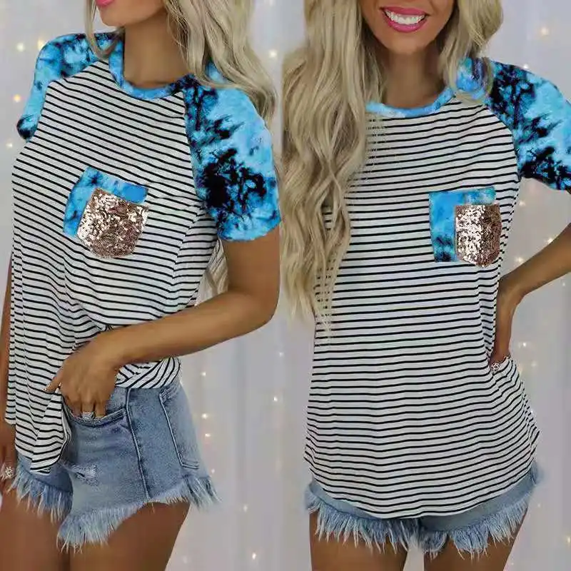 

2021summer European and american tie-dye printing stripes stitching round neck short-sleeved pocket casual t-shirt women
