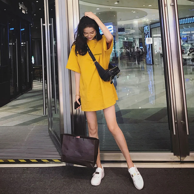 

Letter Pattern Print Mid-Length Milk Fiber T-Shirt Female Summer New Korean Casual Harajuku Style College Student Women Tops