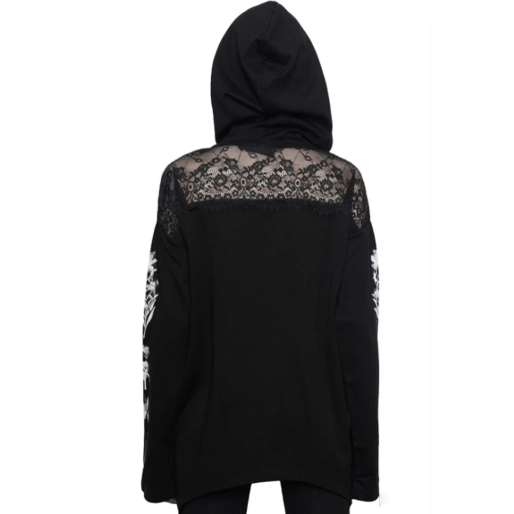 

Hoodie 2021 Summer New High Street Fashion Solid Color Printing Lace Stitching Sexy Perspective Gothic Hooded Collar Long Sleeve