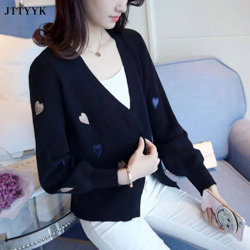 

2021 Autumn Knitted V-neck Cardigan Coat Women's Love Embroidery Long-sleeve Sweater Coats Short Casual Autumn Knitted Women Top