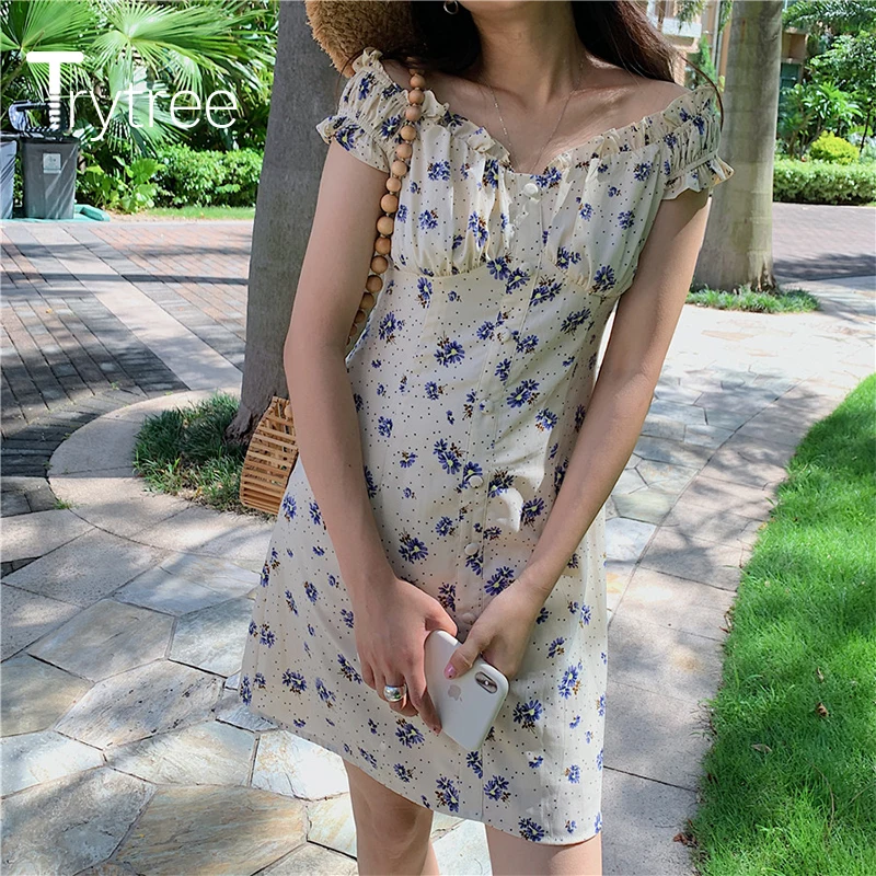 

Trytree 2020 Summer Woman Casual Dress V-neck Button Ruffles High Waist Print 2 Color Temperament Elegant A-line Mini Dress