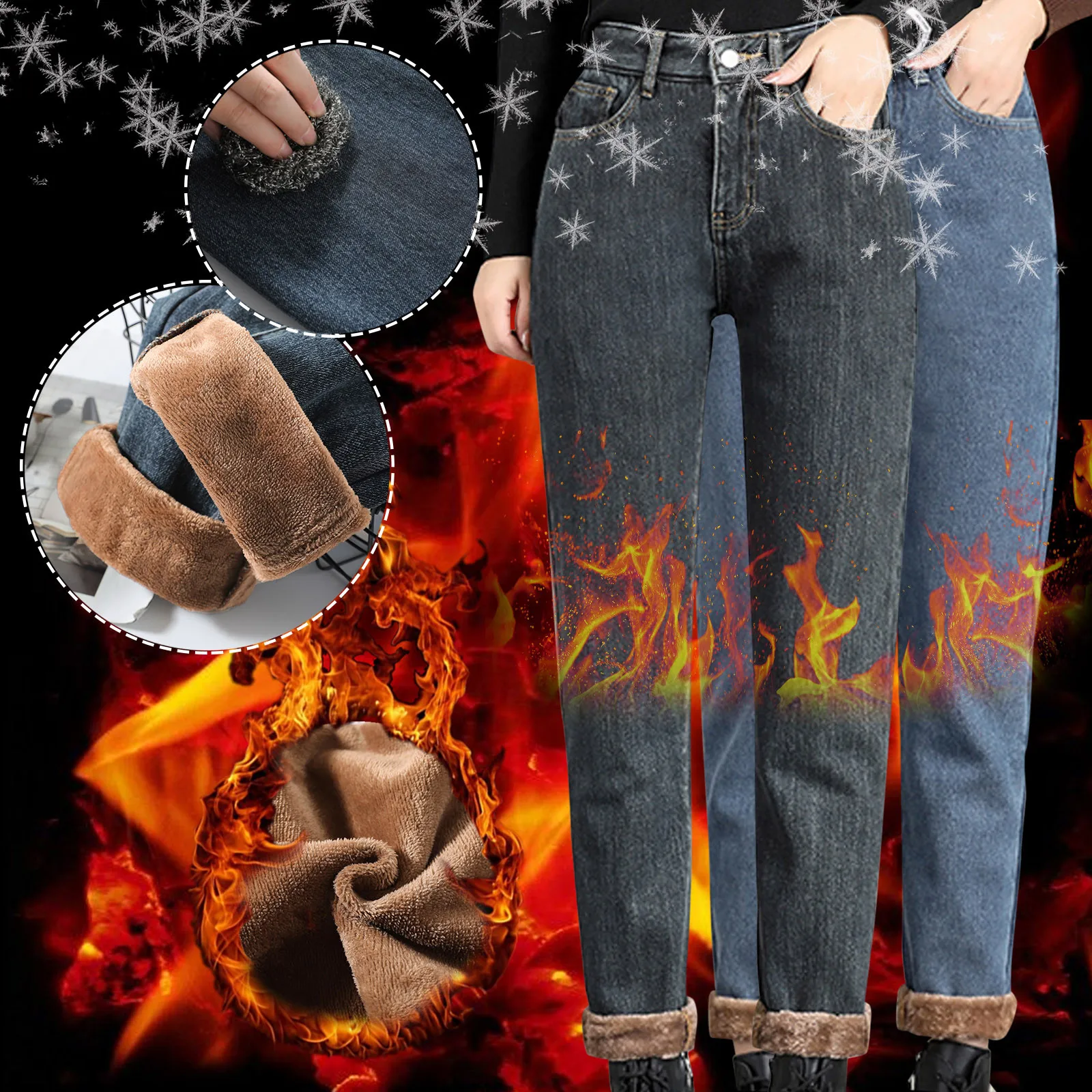 

2021 Wintrer Women's High Waist Loose Thickened Warm Plush Straight Jeans Haren Pants Skinny Jeans Women High Waist Denim