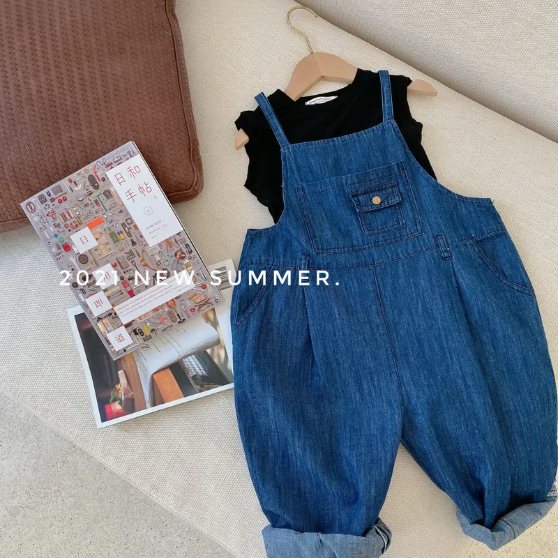 

Boys Girls Jeans overalls 2021 New Kids Pants Baby blue Leisure Loose overalls Baby Boy Girl Clothes E100262