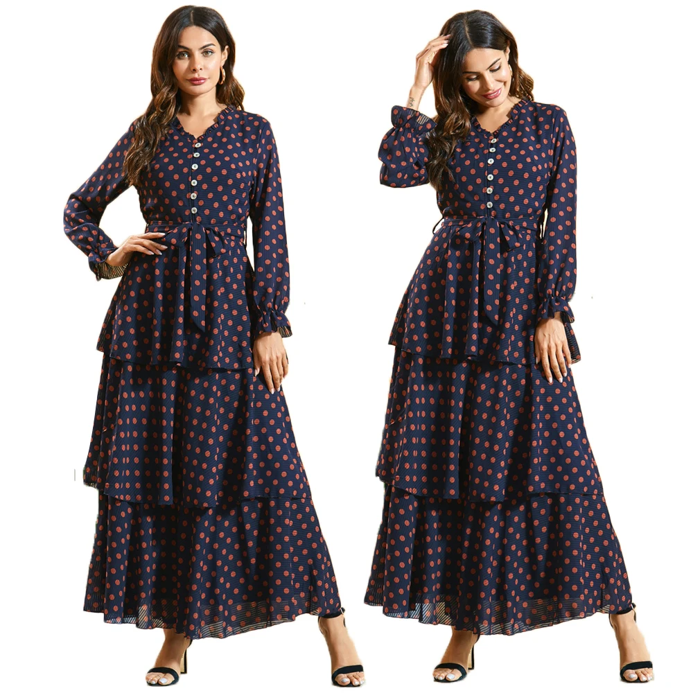 Женское платье в горошек с длинным рукавом v образным вырезом пуговицами и