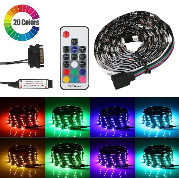 RGB with remote 50/100/200 см Светодиодная лента свет компьютерный корпус для ПК декоративное люминесцентное освещение питания SATA клейкая лента светло-Белый Синий Красный DC 12V - Испускаемый цвет: RGB with remote