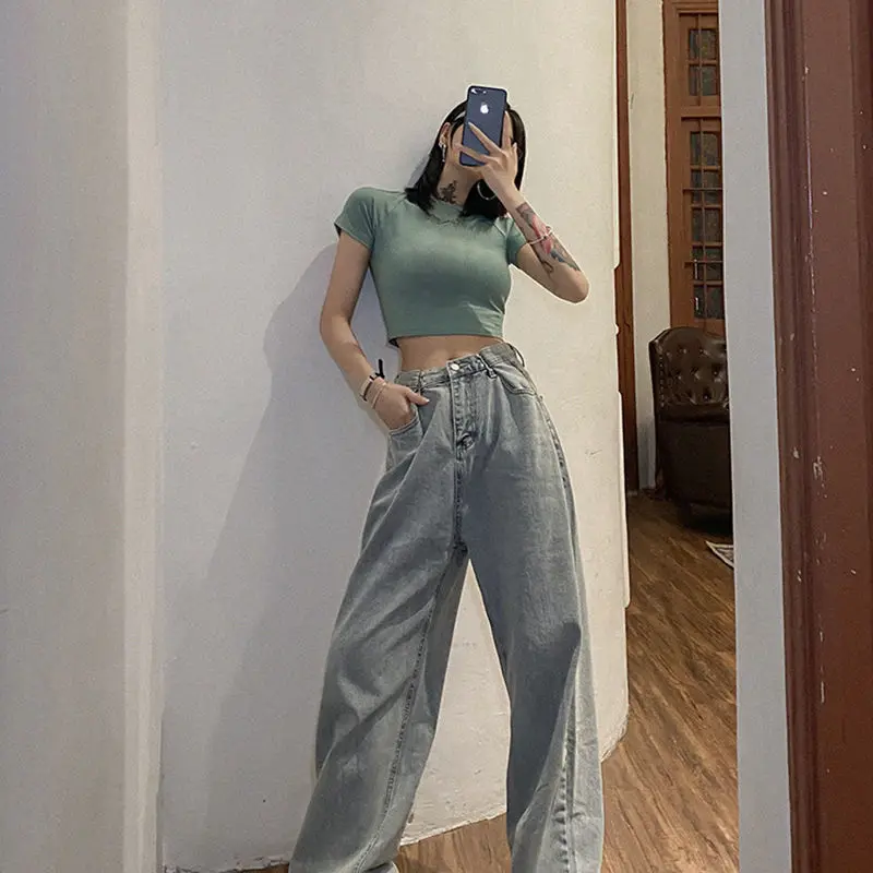 

Женские джинсы с завышенной талией, элегантные прямые свободные брюки-трубы из мягкого денима, модные тонкие брюки с широкими штанинами, ле...