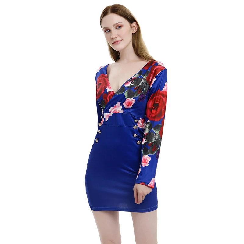 

Ladies Sexy Mini Dresses Low Cut V Neck Long Sleeve Dress Vintage Floral Print Women Vestidos Summer Bodycon Dress For Femme