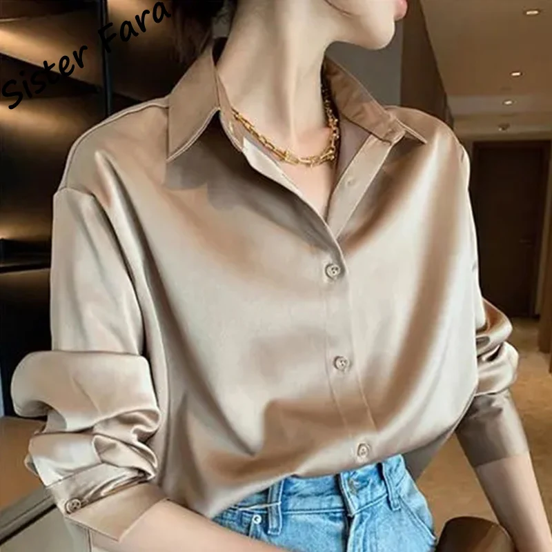 Однотонная Элегантная атласная рубашка Sister Fara Весенняя женская Свободная