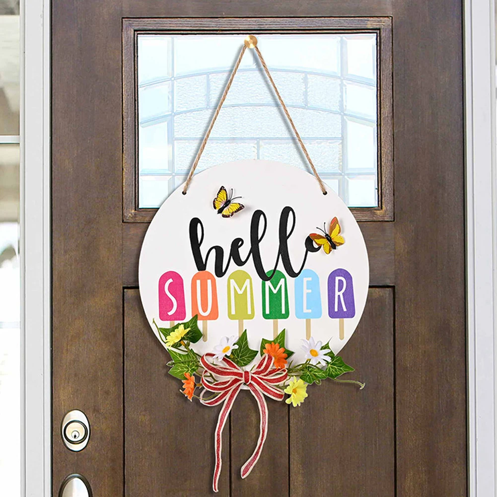 

Summer Wooden Door Sign Round Hanging Welcome Sign Farmhouse Porch Bowknot Door Ornament Home Wedding Garden Decoration DIY
