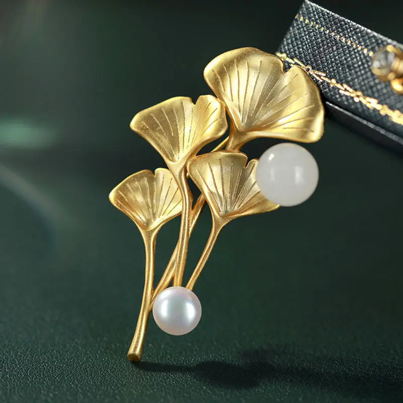 

Unique craftsmanship design gilt gold inlaid natural Hetian jade round bead flower brooch pendant dual-use ladies silver jewelry