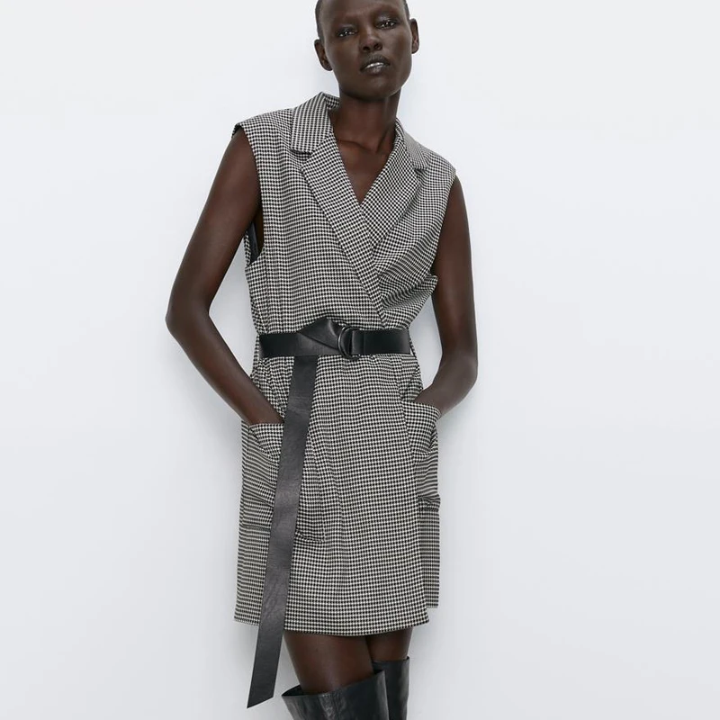 AGong Повседневный жилет с узором гусиная лапка женские модные пальто поясом и