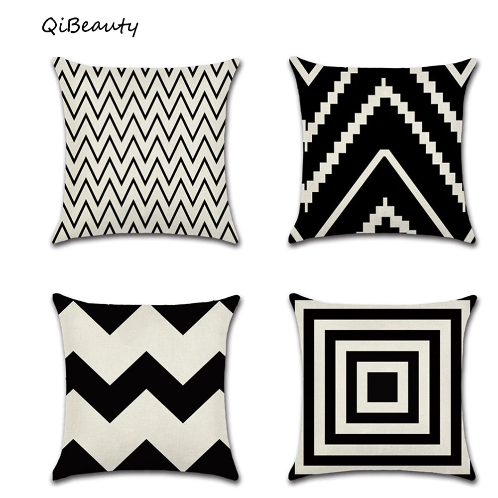 

QiBeauty Simple black and white geometric wavy zigzag linen pillowcase cushion cover for Home sofa Car 45*45cm