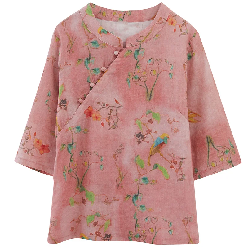 

Chinese Oblique Placket Buckle Cotton and Linen Shirt Women's Summer Loose Five-Quarter Sleeve Linen Cheongsam Small Shirt Top